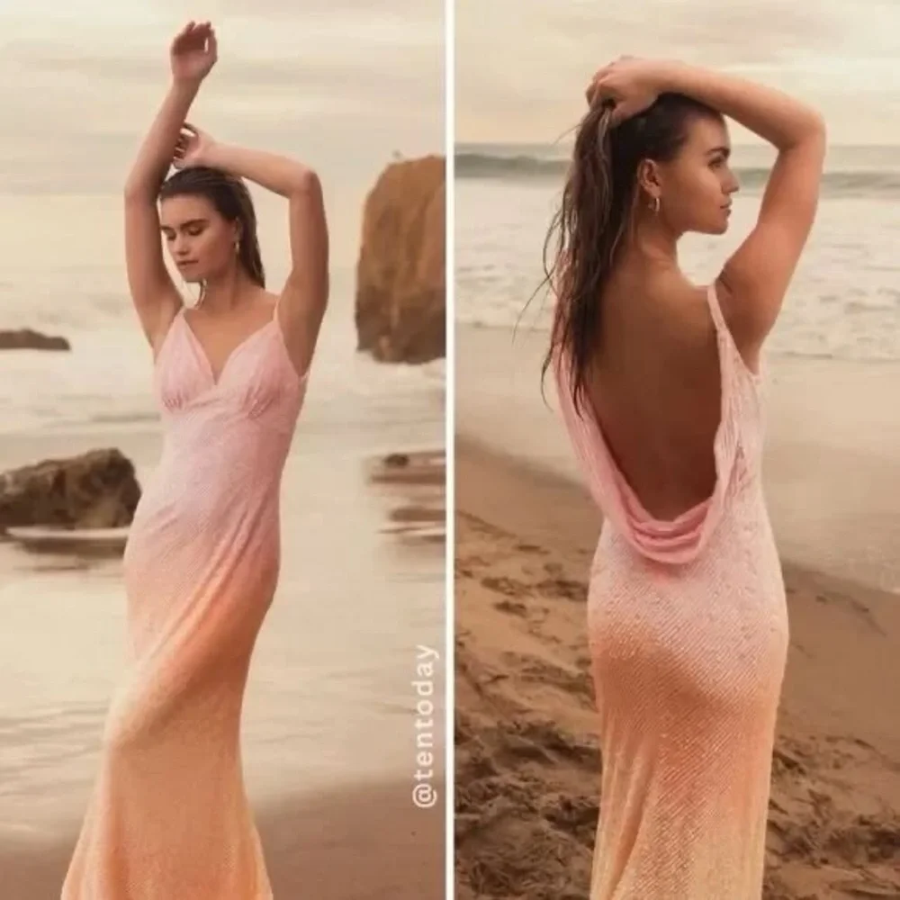 SOLD Mac Duggal 5763 Sunset Ombre Pink Sequin Open Back Maxi Gown Dress Size 8 - Picture 3 of 16